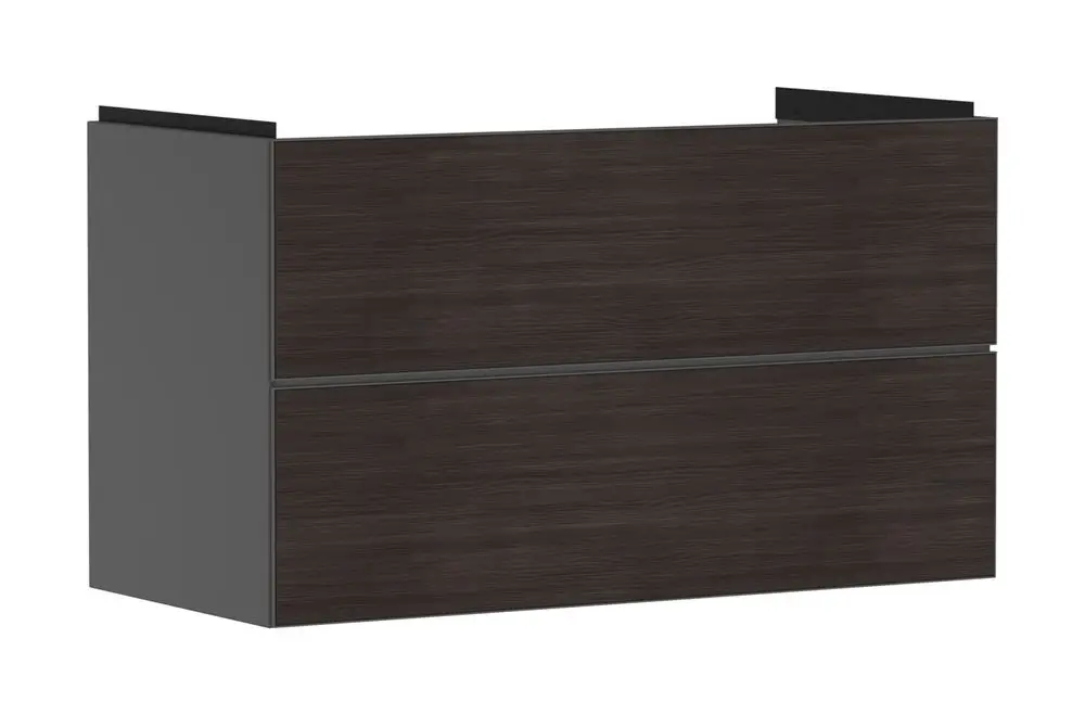 Waschtischunterschrank in schiefergrau mit zwei Schubkästen, entworfen von Hansgrohe. Das Möbelstück hat eine klare, moderne Linienführung und eignet sich für einen Waschtisch.